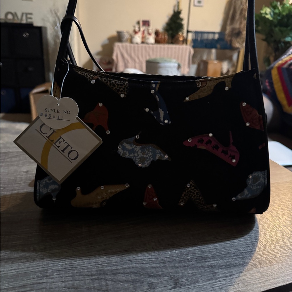 Stylish Black Shoe Print Satchel.